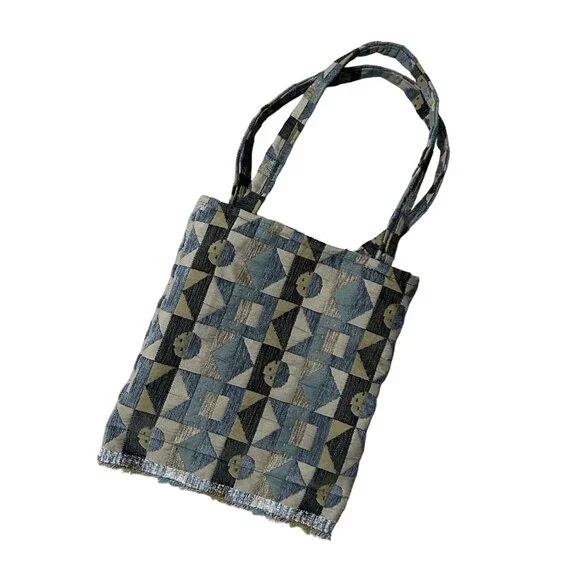 Handmade Tote Bag Tapestry Carpet Fringe Blue Green Gray Beige Books Purse - Picture 1 of 8